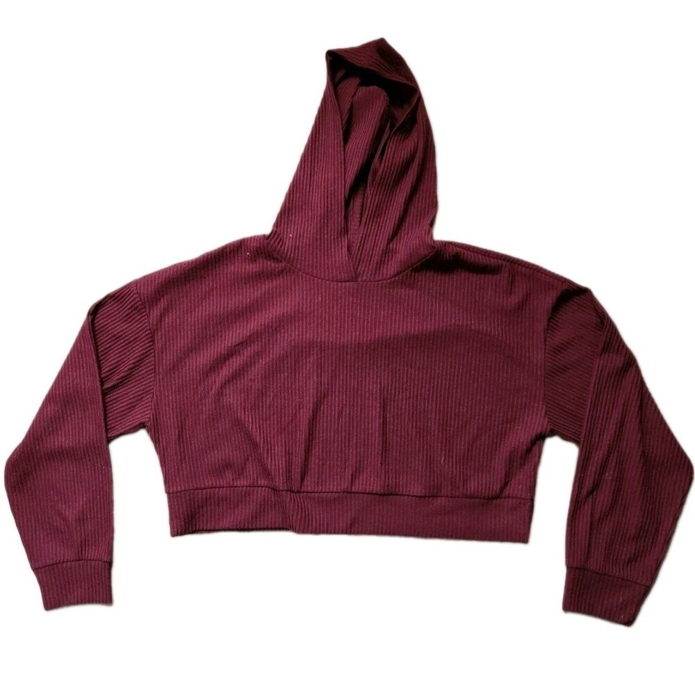 Revival Cropped Ribbed Knit Hoodie Purple Fixed Hood Athletic Casual Womens Sz L